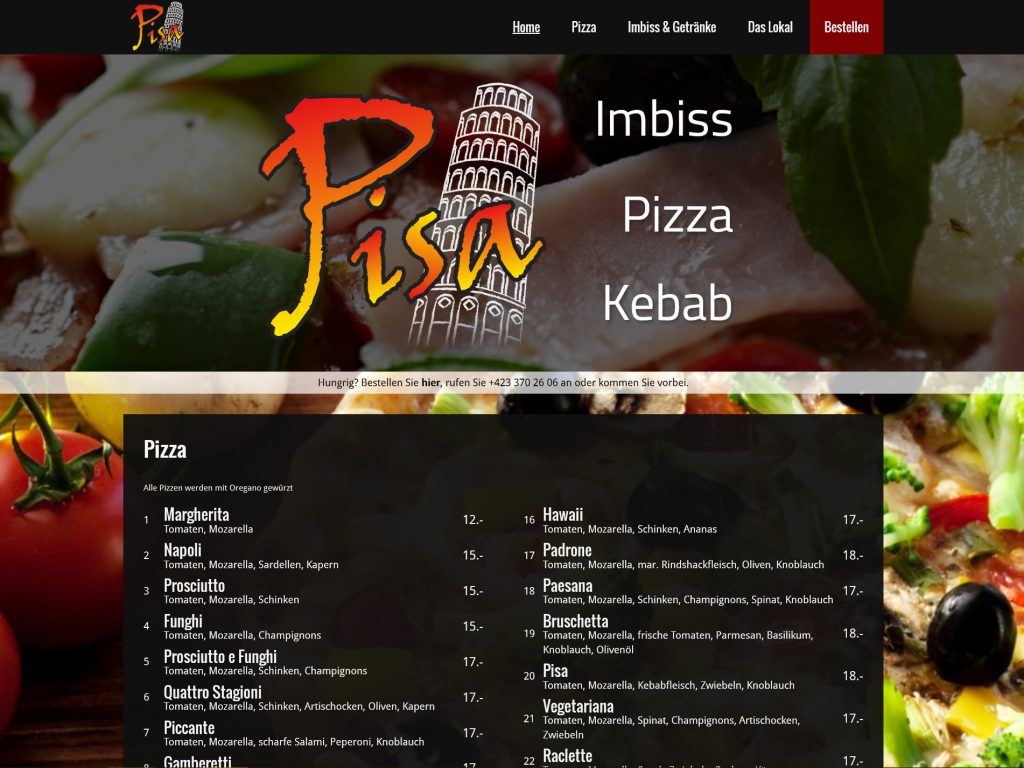 Screenshot der Webseite für Pisa Imbiss, Pizza und Döner Kebap in Eschen